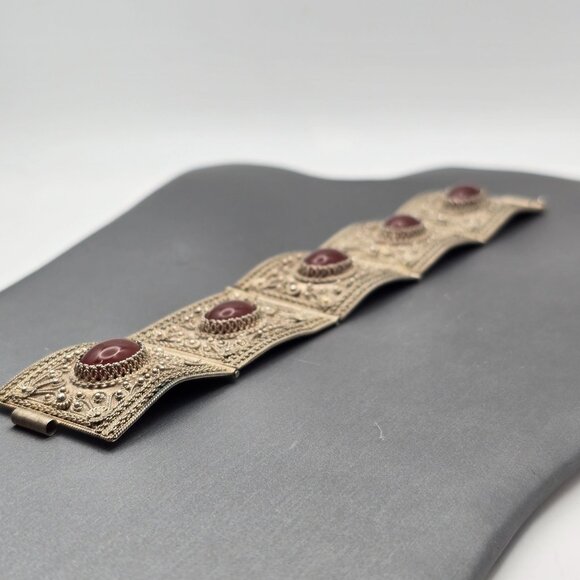 Antique 900 Silver Cannetille Carnelian Cabochon Hinged Panel Bracelet 7" - Picture 11 of 16